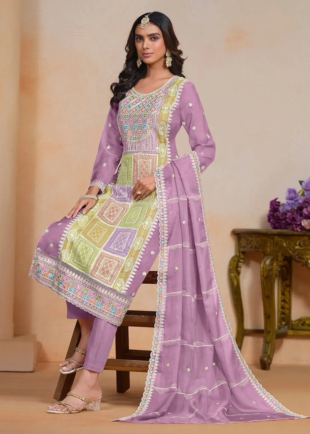 Purple Soft Organza Embroidered Festive Pant Style Suit