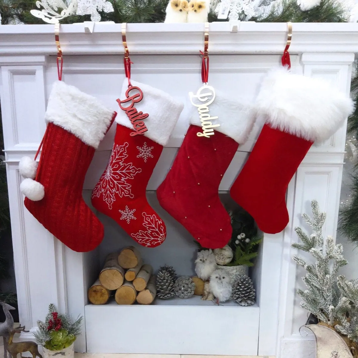 Traditional Red with Faux Fur Christmas Stockings Personalized Embroidered or Christmas Name Tags Matching Set Family Kids Adults Men Women