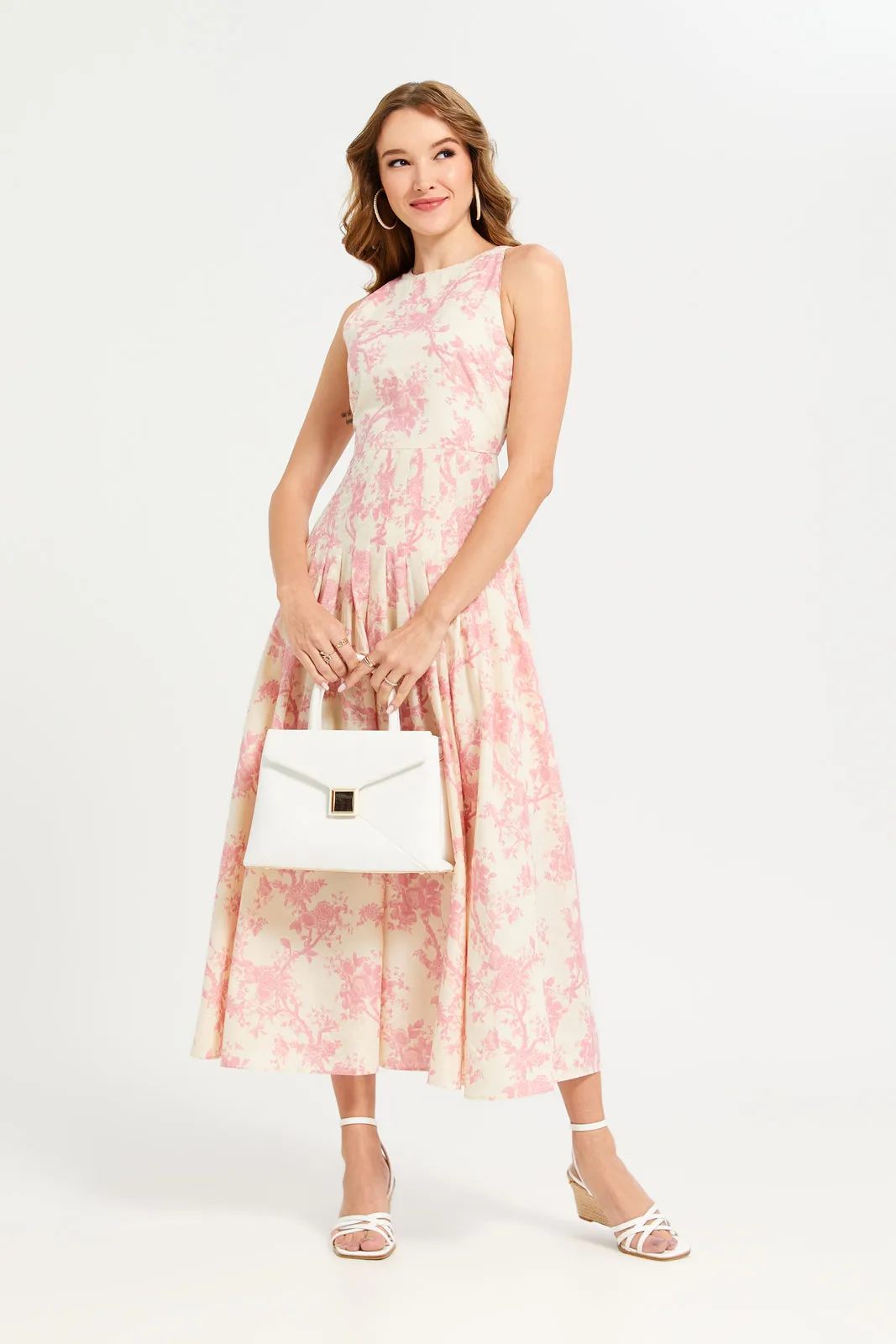 Women Pink Printed Sleeveless Long Dress