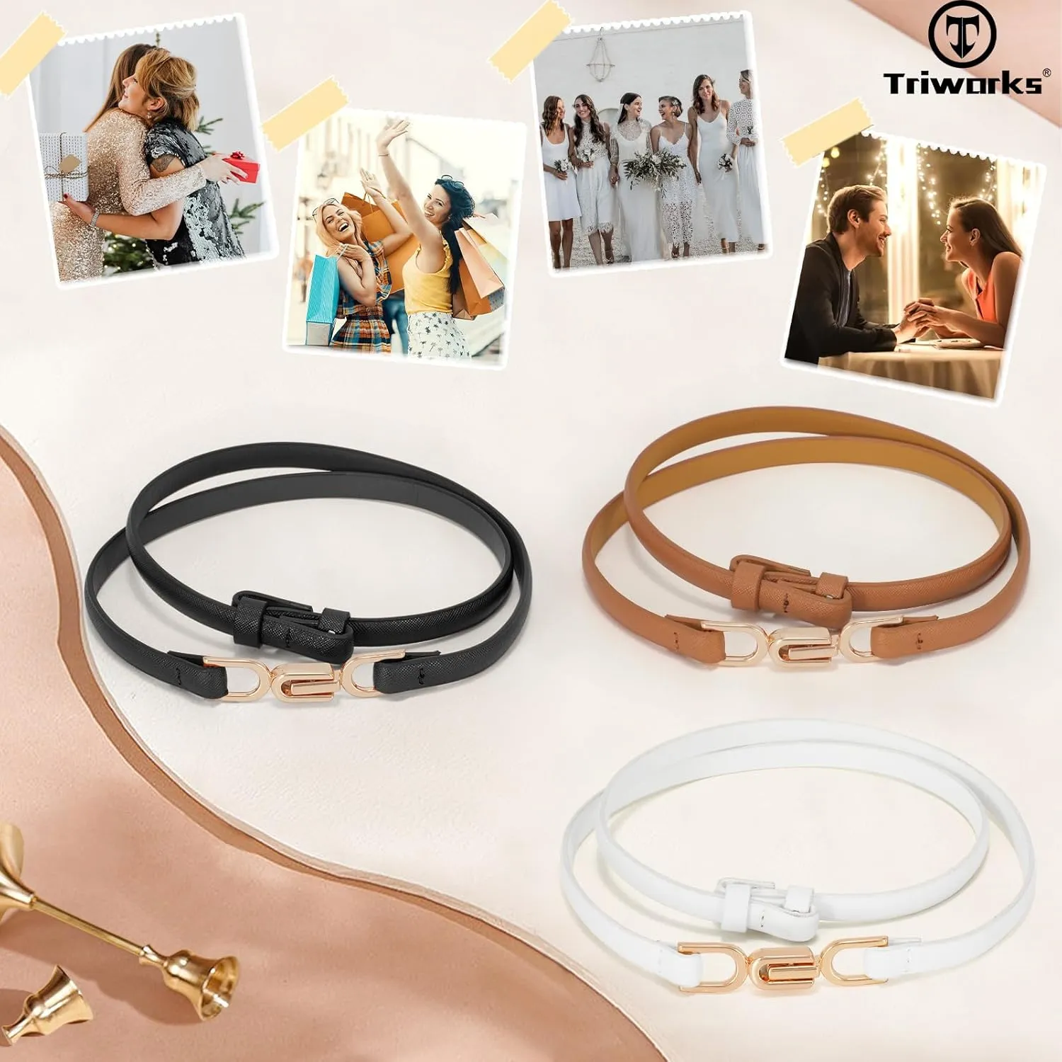 Women Skinny Leather Belts 3 Pack Ladies Adjustable Thin Waist Belts with Gold Buckle for Dresses