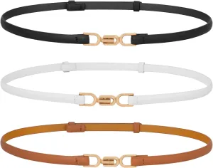 Women Skinny Leather Belts 3 Pack Ladies Adjustable Thin Waist Belts with Gold Buckle for Dresses