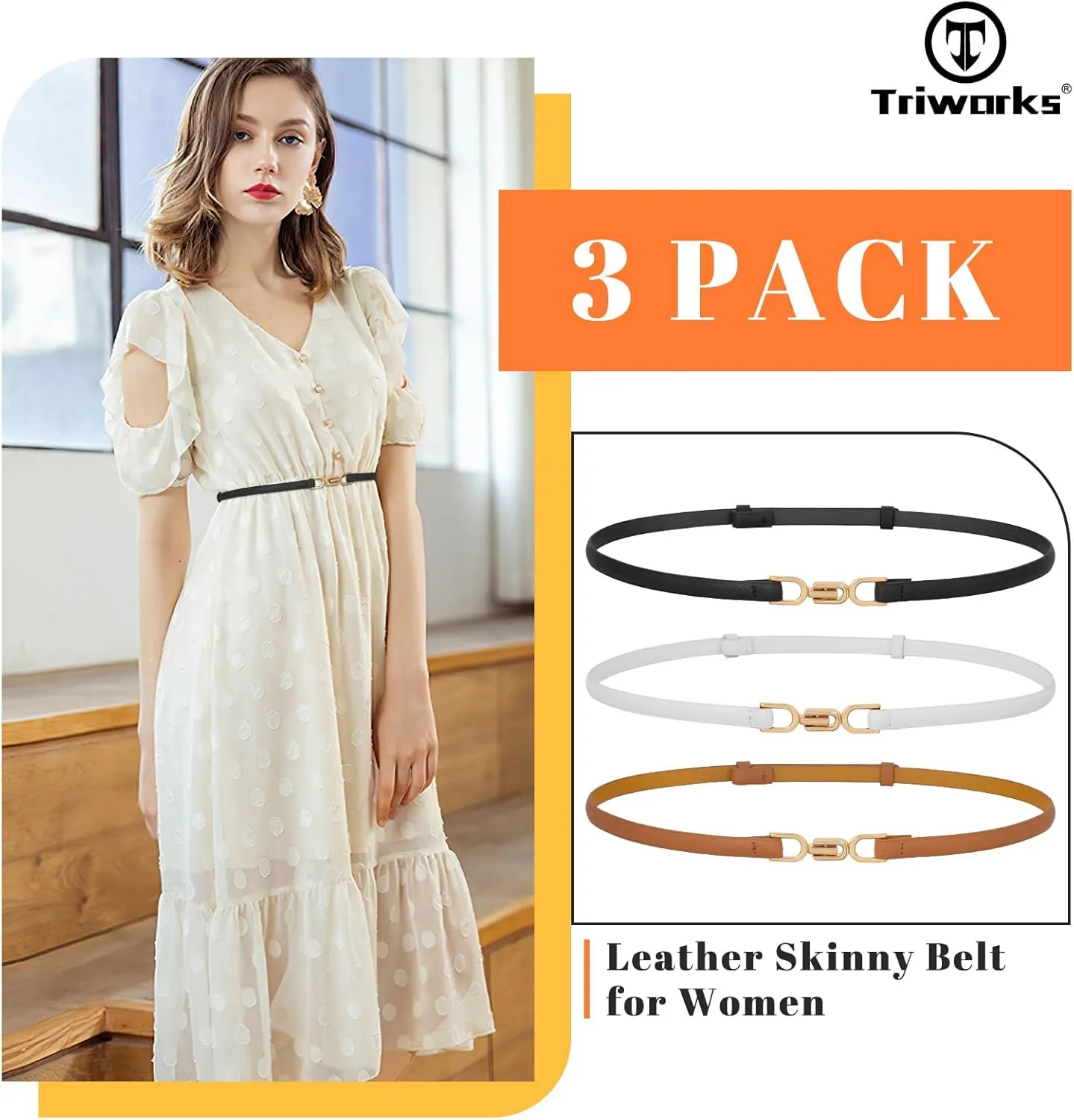Women Skinny Leather Belts 3 Pack Ladies Adjustable Thin Waist Belts with Gold Buckle for Dresses
