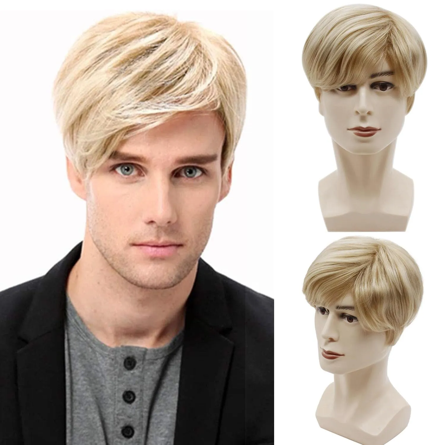 YYHR Short Straight Men Wig Blonde Mix Brown Color Heat Resistant Synthetic Hair Wigs for Halloween Party